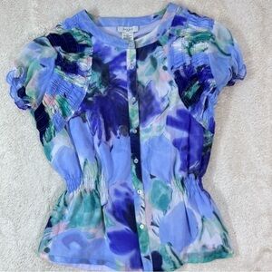 Kate Hill Peplum Watercolor Blouse Size 10P Artsy Career Professional  Office